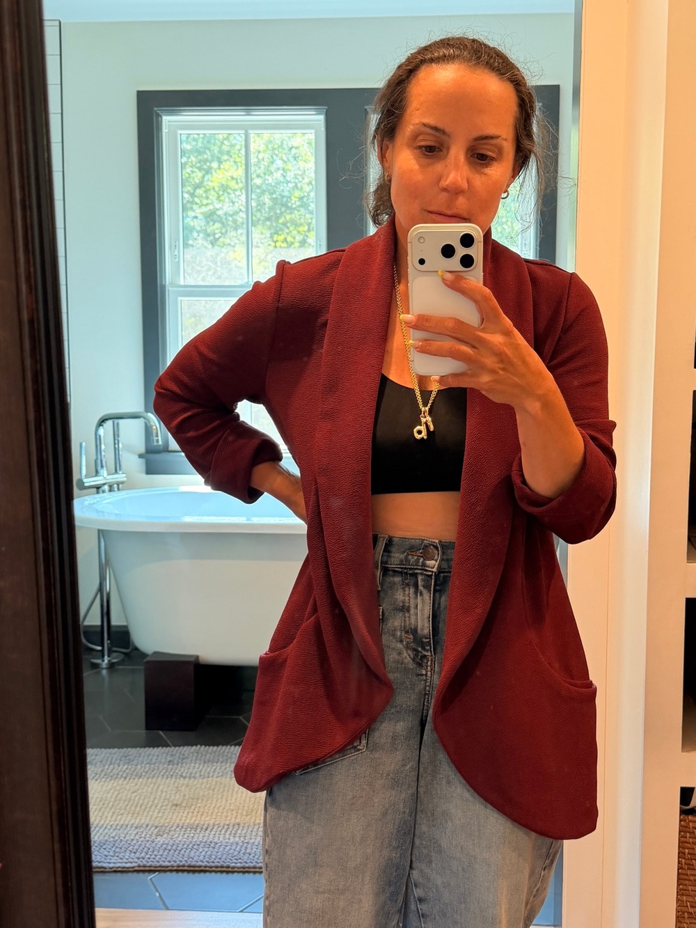 Women's Burgundy Open-Front Blazer Jacket